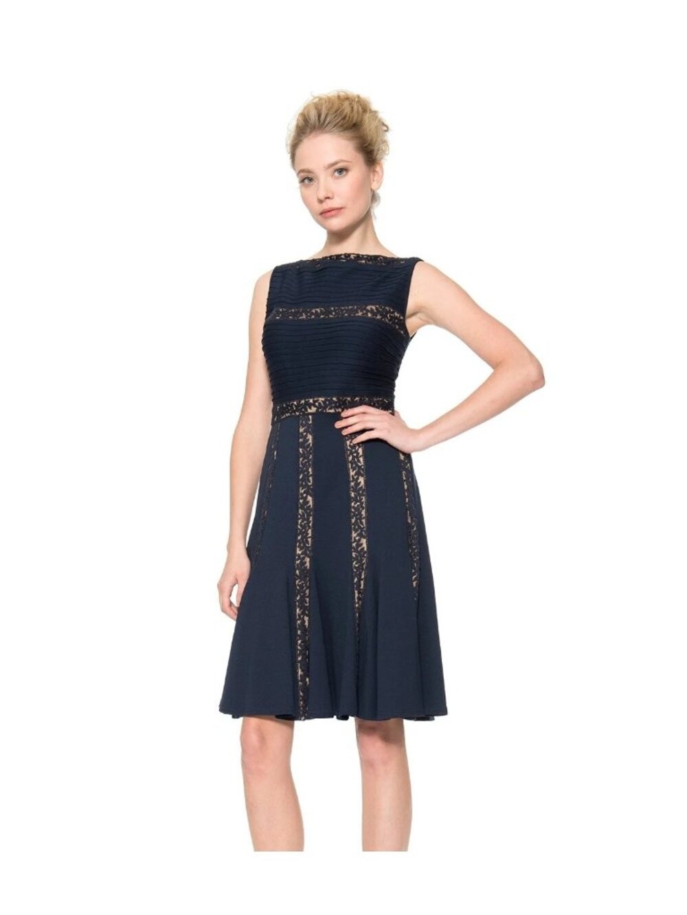 Tadashi Shoji Size M Navy Nude Pintuck Jersey Lace Sleeveless Knee Length Dress